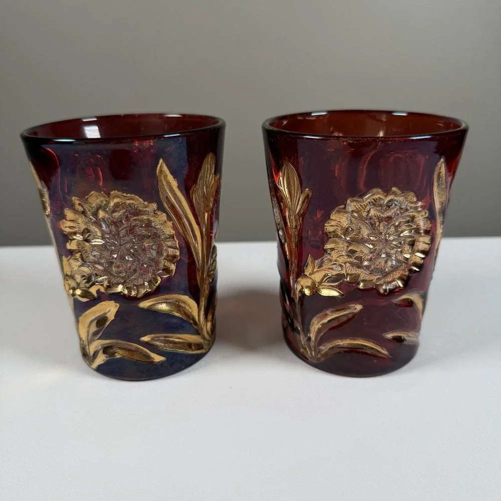 Antique New Martinsville Carnation No. 88 Ruby Flash Gold Floral Tumblers 2